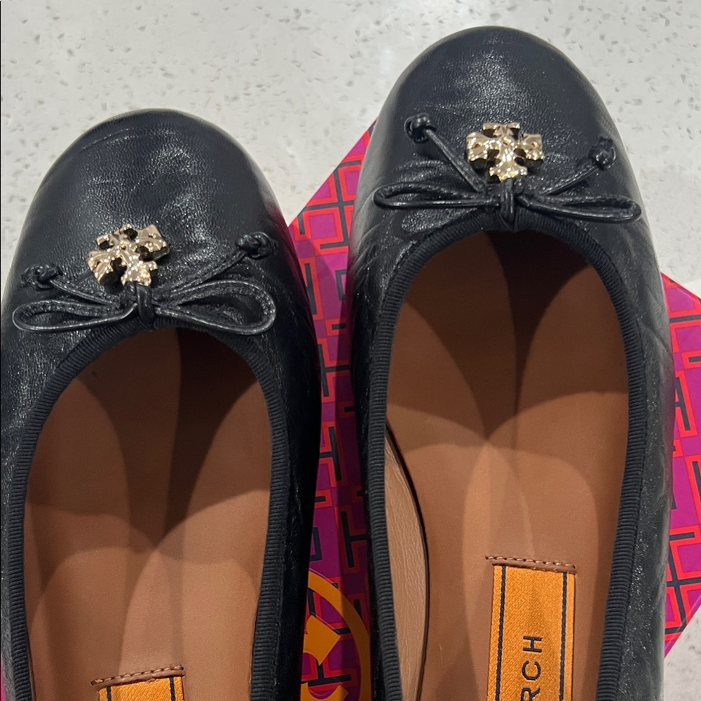 Tory Burch Black Leather Flats with Gold Logo